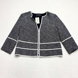 Lafayette 148 New York Zip Tweed Jacket Womens Size S Navy White Cotton Blend